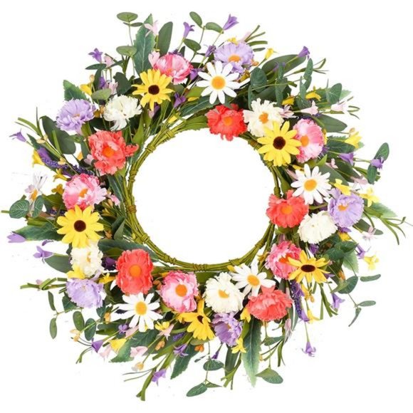 Artificial Flower Wreath,20” Purple Yellow White Pink Floral Spring Summer - Picture 7 of 8